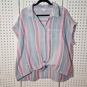 Beach Lunch Lounge Linen Blend 1x Stripped Lightweight Top Tie Front Coastal